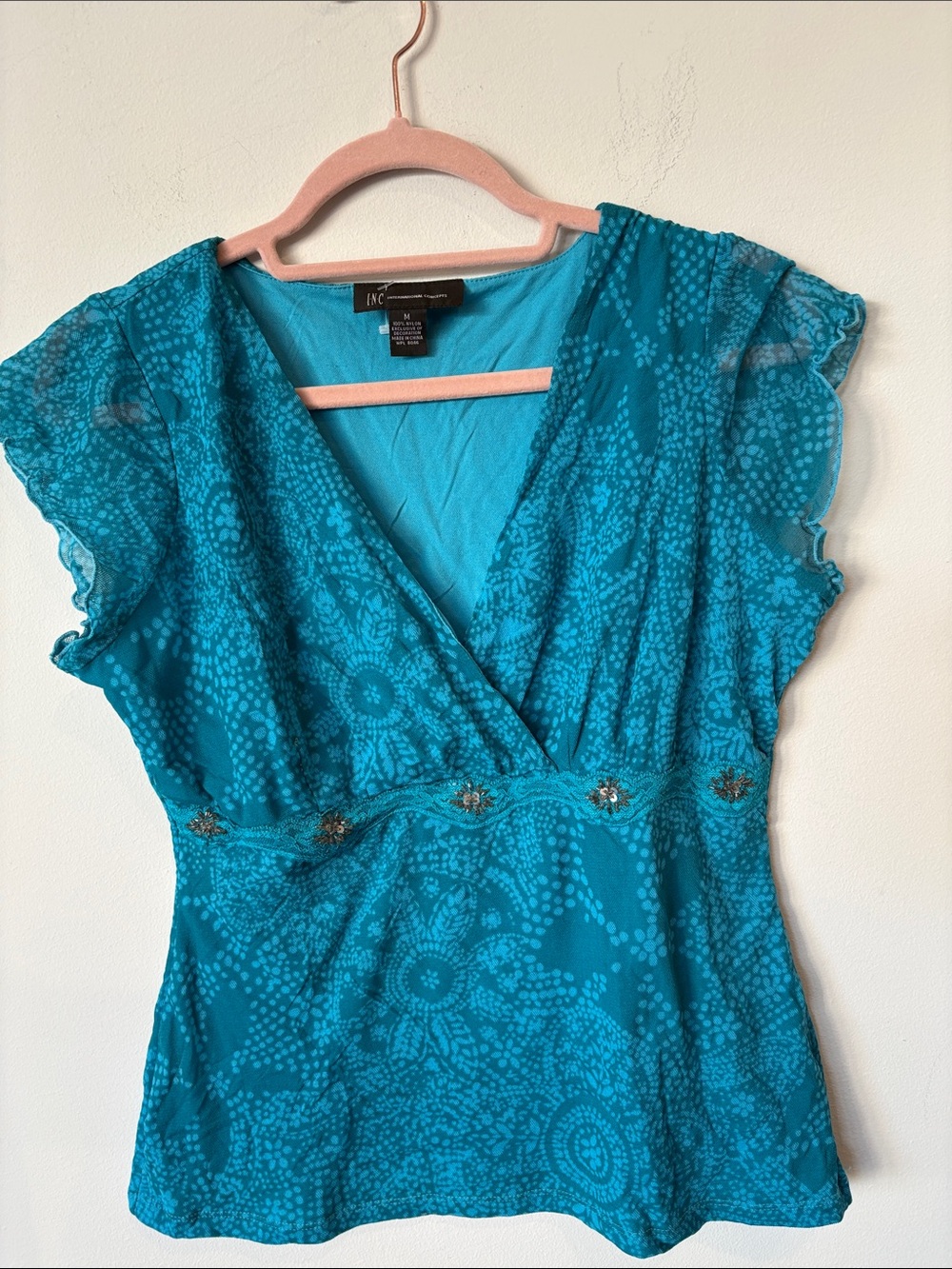 INC y2k vintage beaded Teal Floral Wrap-Style Cap Sleeve Blouse medium